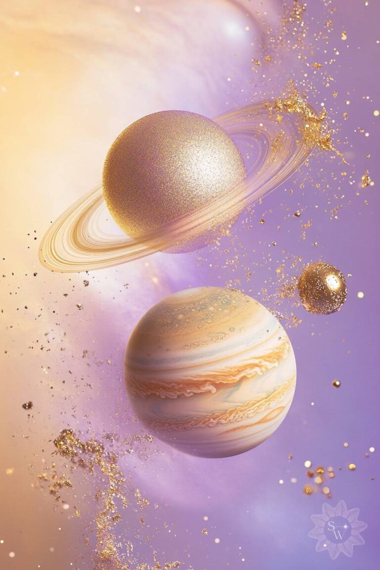 Jupiter and Saturn dancing close in the sky in lilac and soft golden tones featured in Jupiter/Saturn conjunction astrology blog by Stella Wilde.