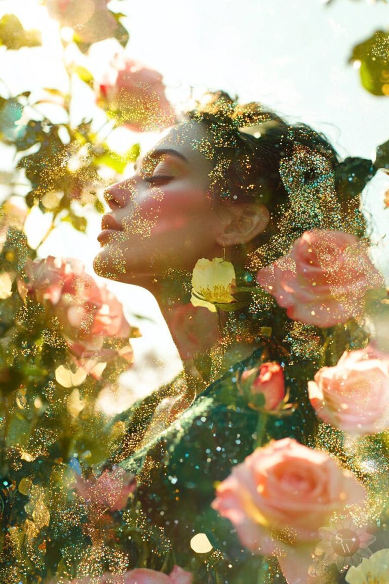 a brunette woman with golden glitter wearing an emerald gown in a garden of pink roses by Stella Wilde