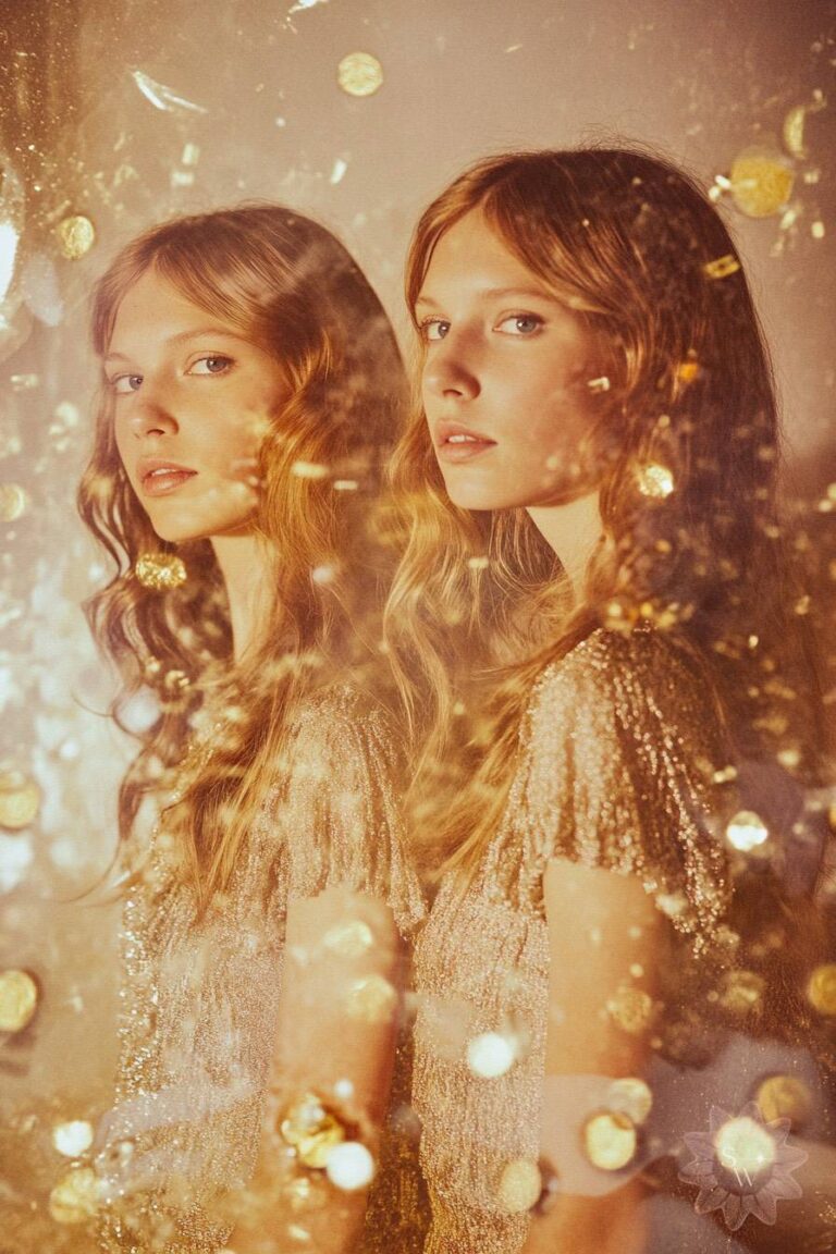 twin young woman with long strawberry blonde hair surrounded by gold coins falling from the sky by Stella Wilde