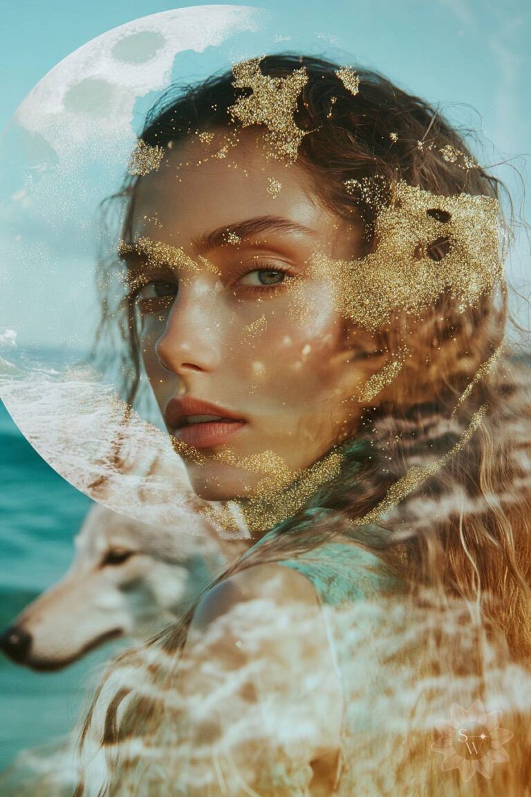 a woman and wolf under the light of the full moon near the teal ocean with gold glitter by Stella Wilde
