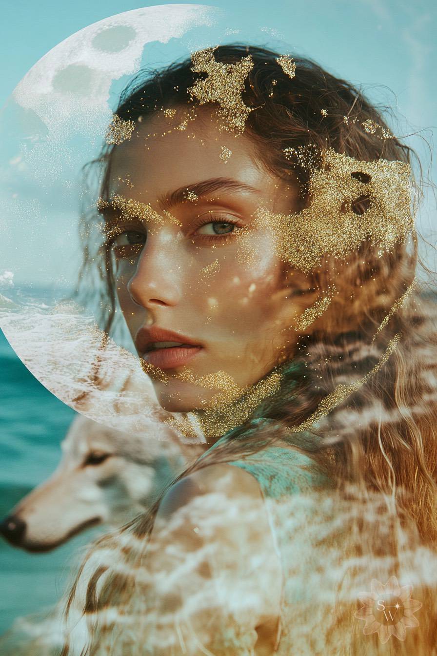 a woman and wolf under the light of the full moon near the teal ocean with gold glitter by Stella Wilde