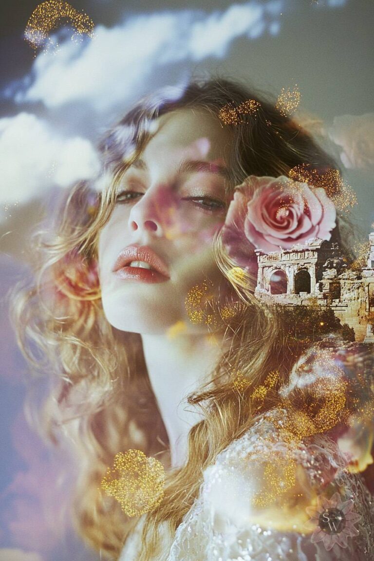 a blonde woman with a pink rose tucked behind her ear and the memory of an ancient temple double exposed on the photo by stella wilde