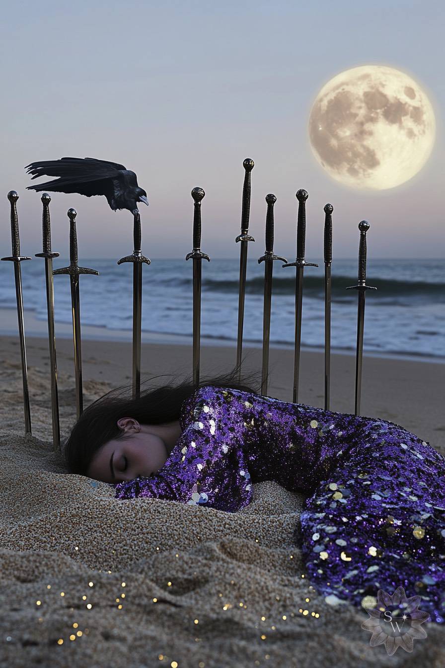 a dark haired woman wearing a purple sequined gown lying in the sand at the beach with ten swords stuck in the sand around her and a crow keeping watch under a full moon by stella wilde