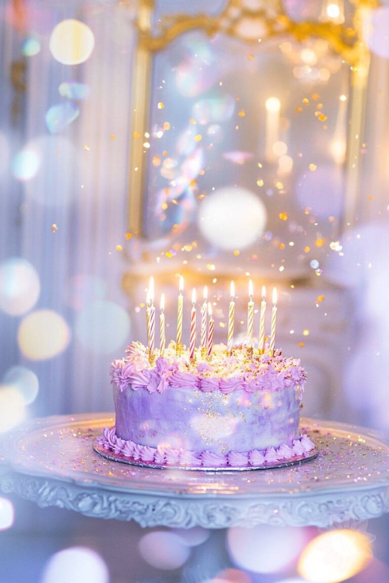 Whimsical purple birthday cake with candles and glitter—featured in solar return astrology blog by Stella Wilde.