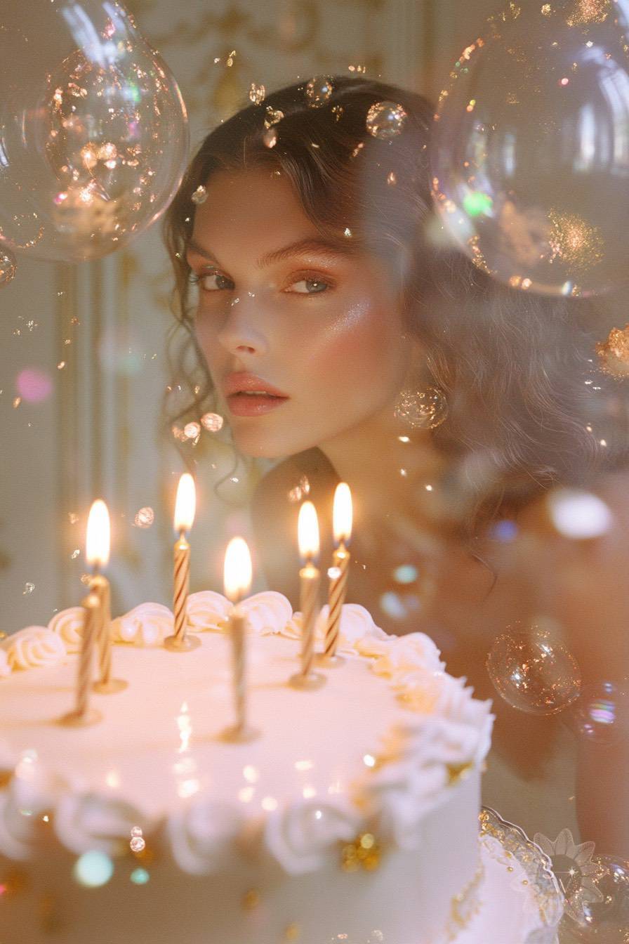 beautiful woman with a birthday cake and candles in soft pastel tones at her solar return featured on Stella Wilde's website.