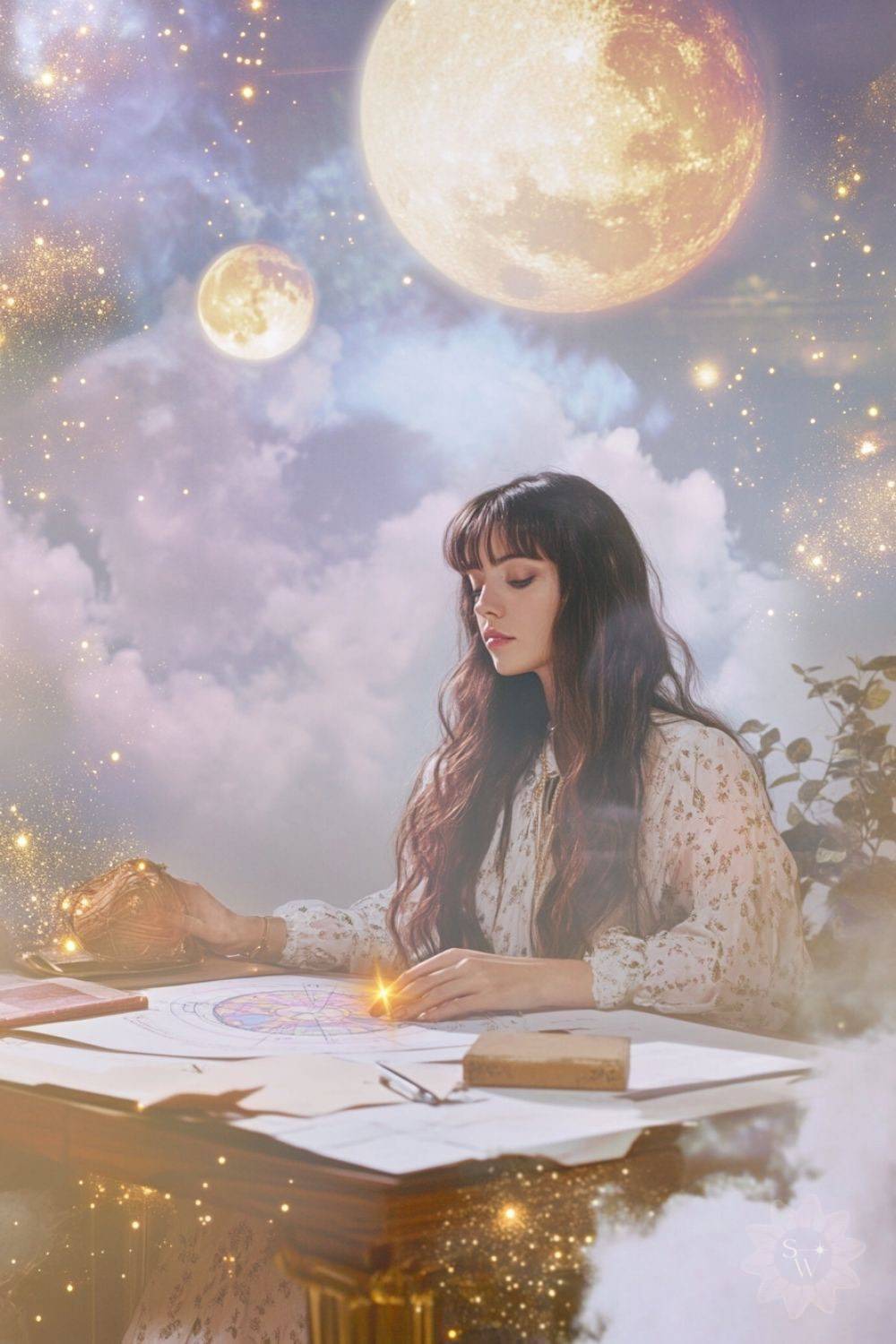 a brunette with long hair sitting at a golden desk under a full moon with lavendar clouds as she studies an astrology chart by Stella Wilde