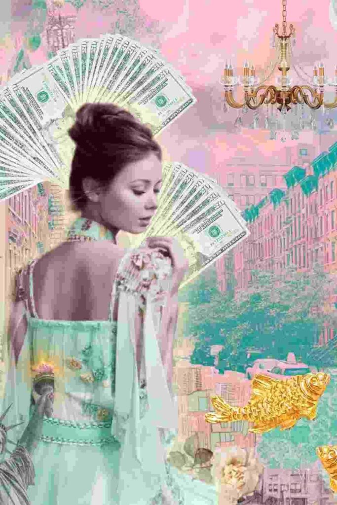 a beautiful prosperous woman wearing the color of money collage of new york city by stella wilde