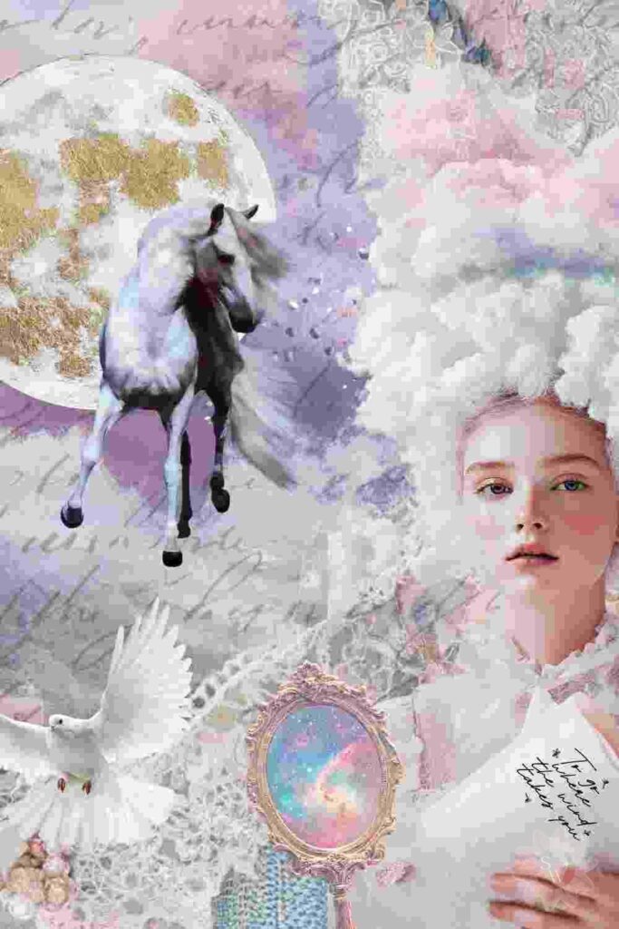 a white horse with a full moon and a white dove and a woman wearing a cloud wig of white and pink in a collage by stella wilde